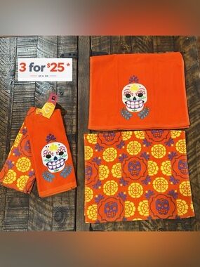 Halloween Orange Sugar Skull Kitchen Towels set
